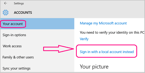 Cambiar de cuenta de Microsoft a cuenta local en Windows 10