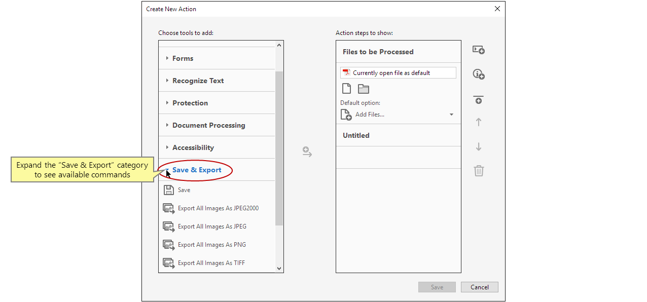 Desplegar la categoría Guardar y exportar