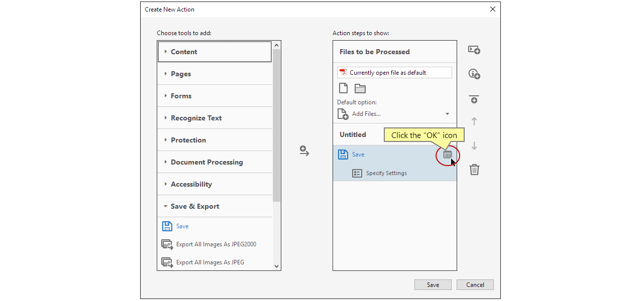 Hacer clic en el icono OK