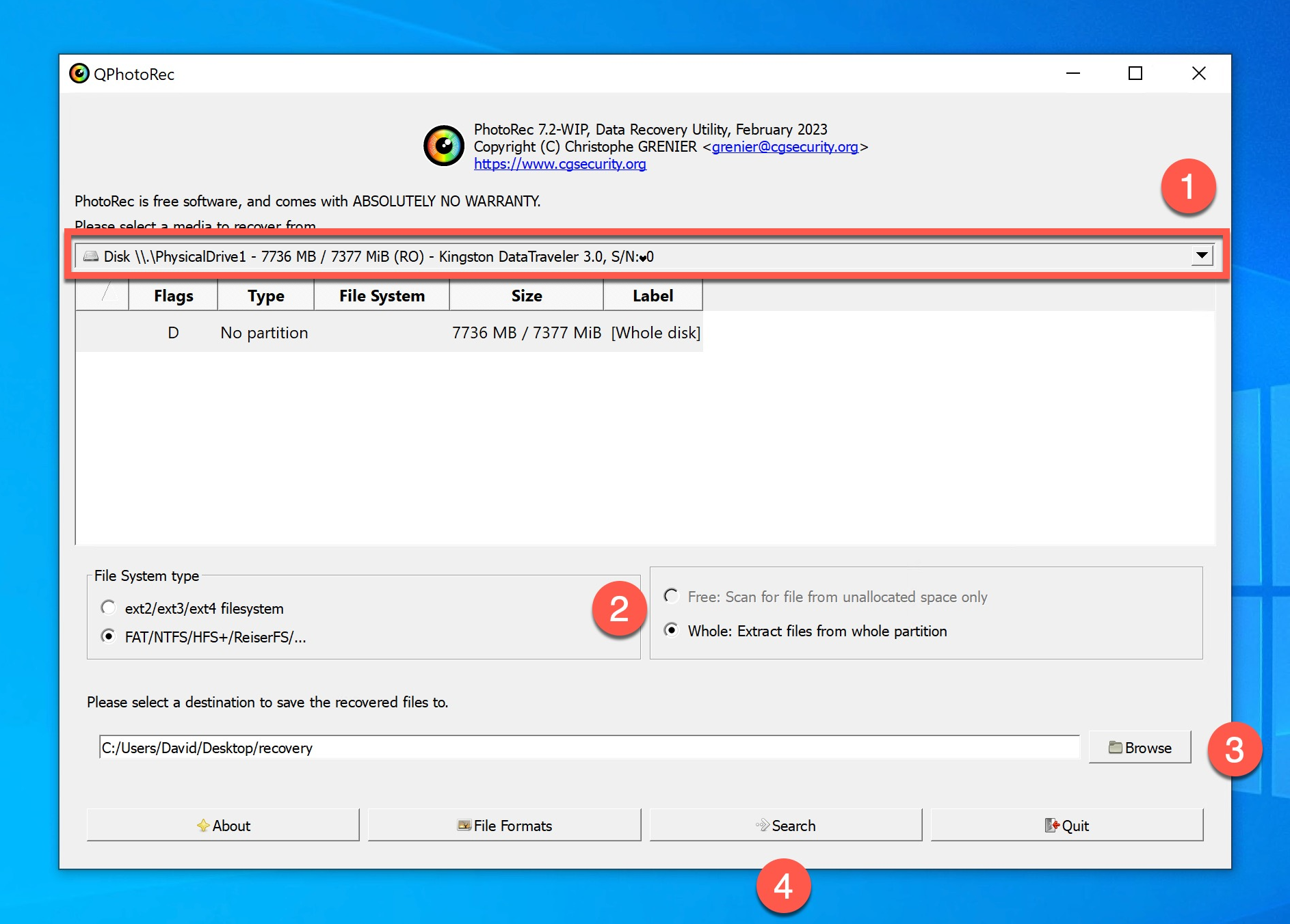 Recuperación con QPhotoRec en Windows 10