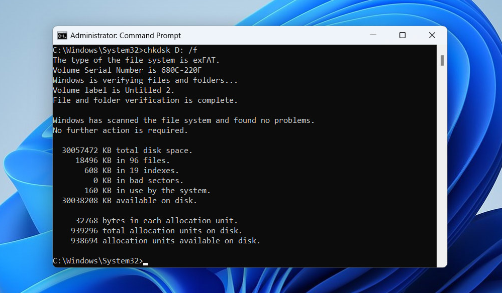 Resultados del comando CHKDSK