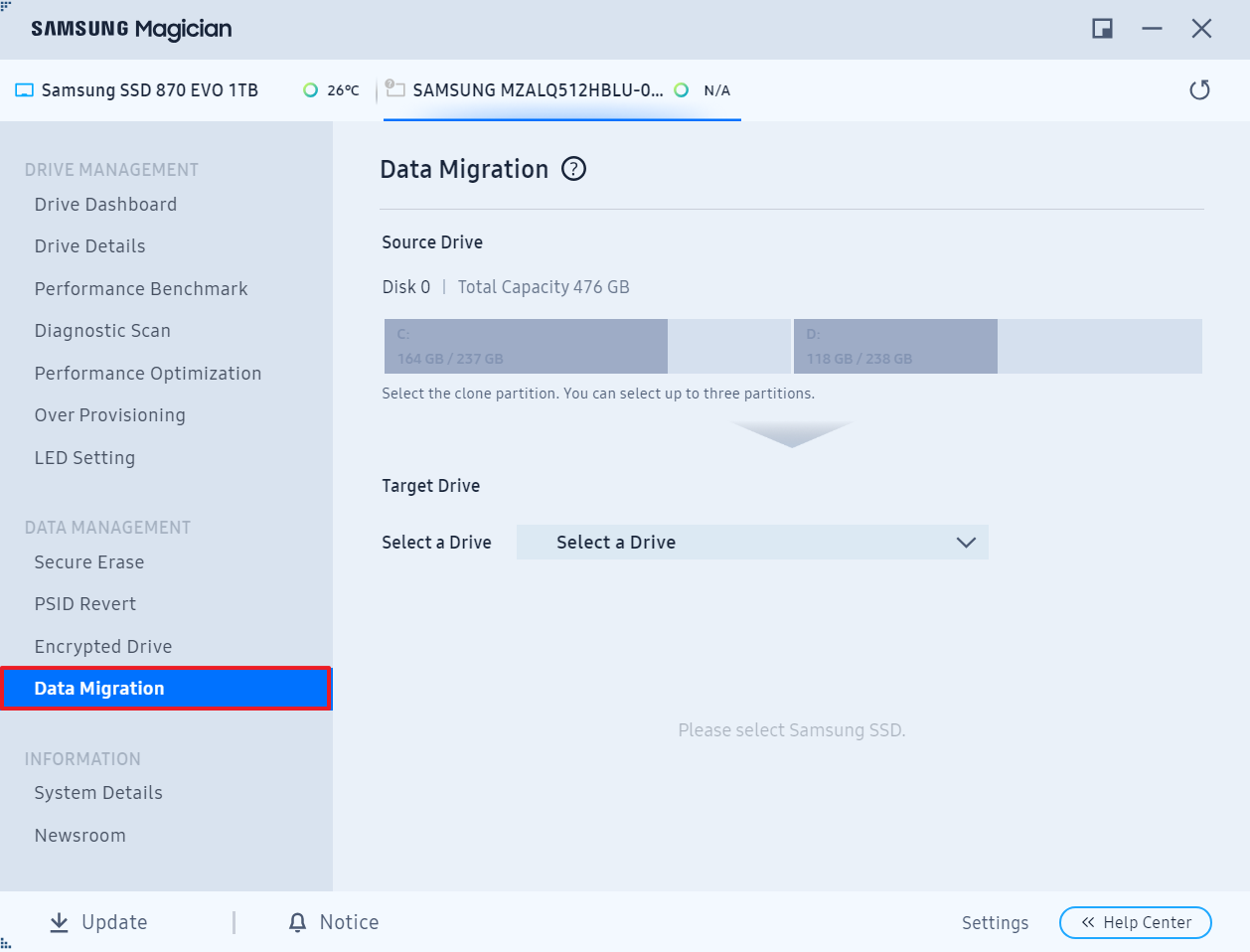 Iniciar Samsung Data Migration y hacer clic en Data Migration