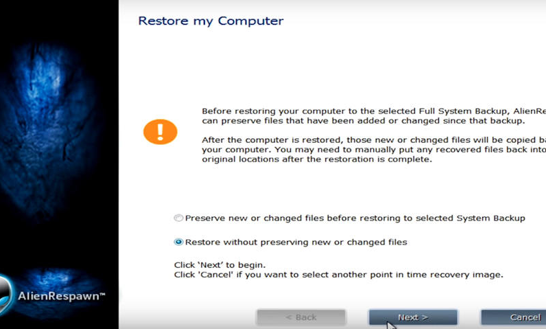 Restaurar sin conservar archivos nuevos o modificados
