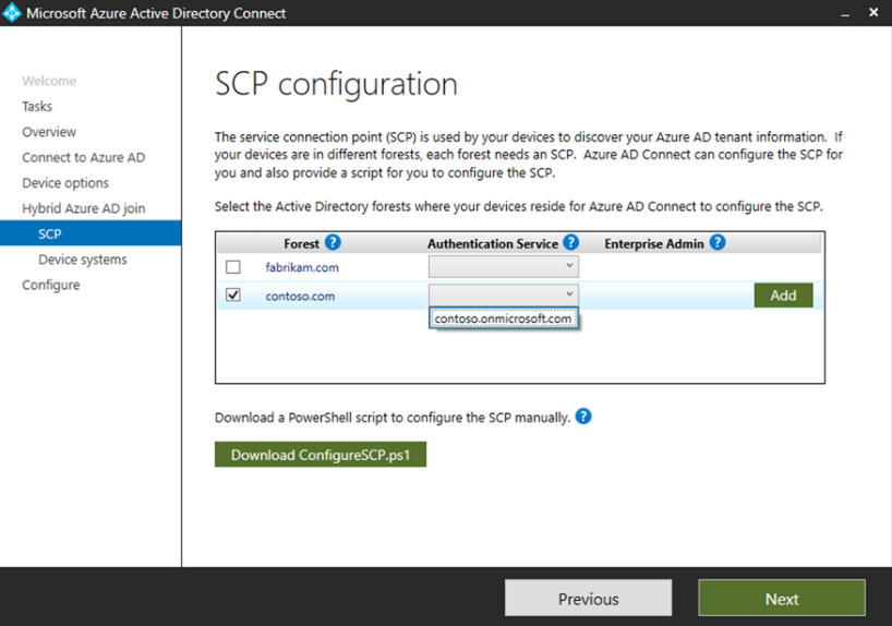 Dominio gestionado de configuración SCP de Microsoft Entra Connect