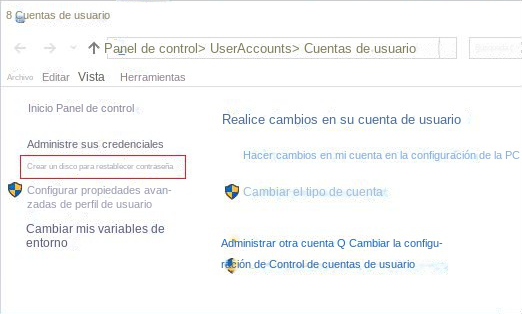 haga clic en la opción Crear un disco de restablecimiento de contraseña