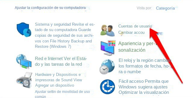 seleccione Cuentas de usuario en el Panel de control