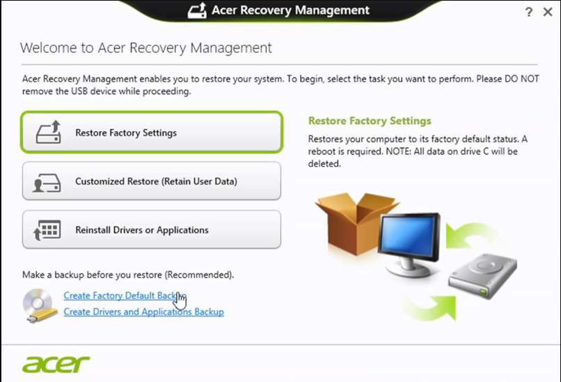 Menú de Acer eRecovery Management