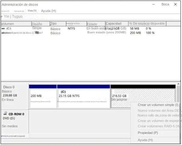 Selecciona la opción Nuevo Volumen Simple