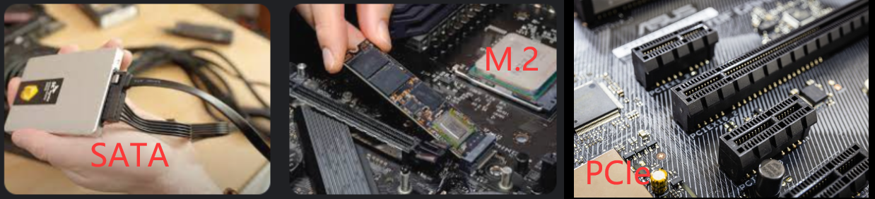 Diferentes interfaces de SSD, SATA, M.2, PCIe
