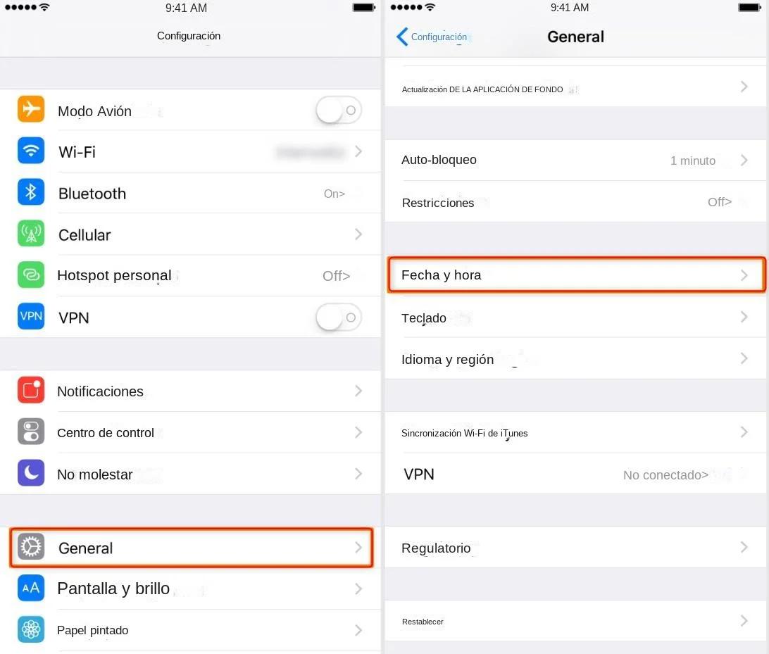 Ajustes de fecha y hora del iPhone