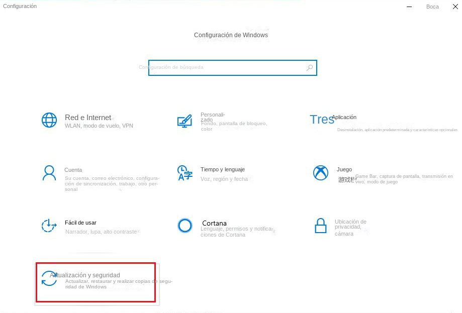 Seleccione las opciones de actualización y seguridad