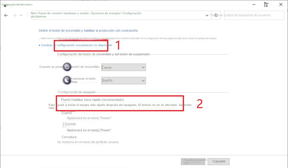 Haga clic para cambiar la configuración que actualmente no está disponible