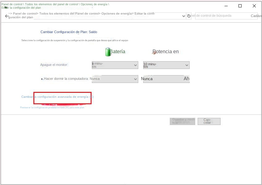 Cambiar la configuración avanzada de energía