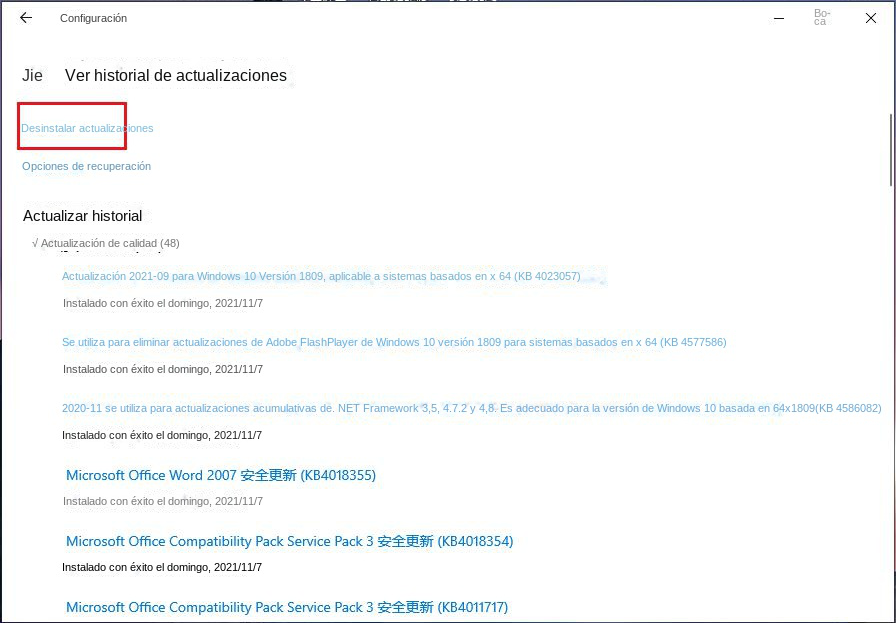 Desinstalar actualizaciones