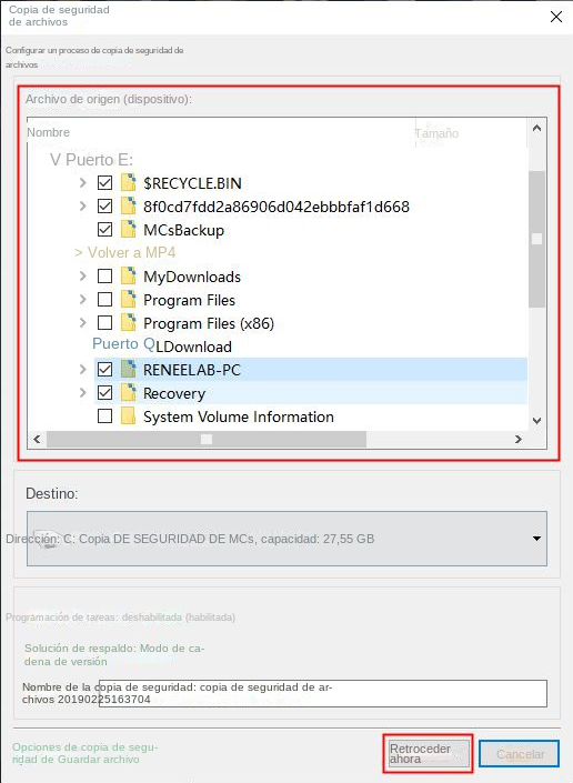 Seleccionar archivos para respaldar