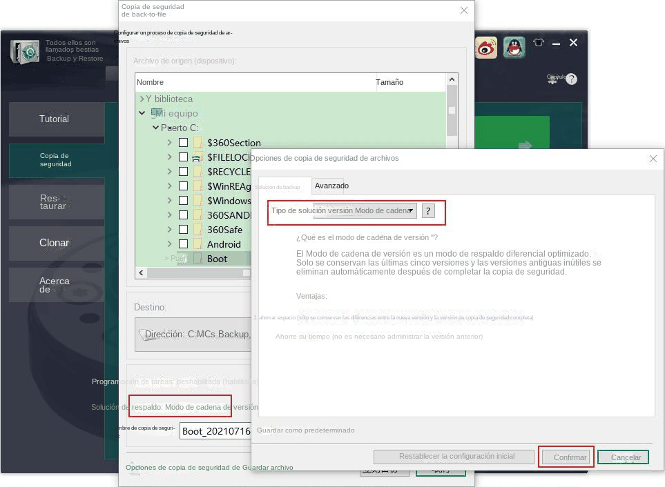 Copia de seguridad de archivos seleccione el modo de esquema de copia de seguridad