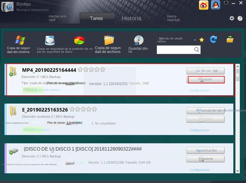 Progreso de la tarea de copia de seguridad de archivos