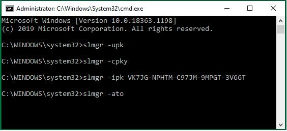 Ingrese el comando relevante de slmgr