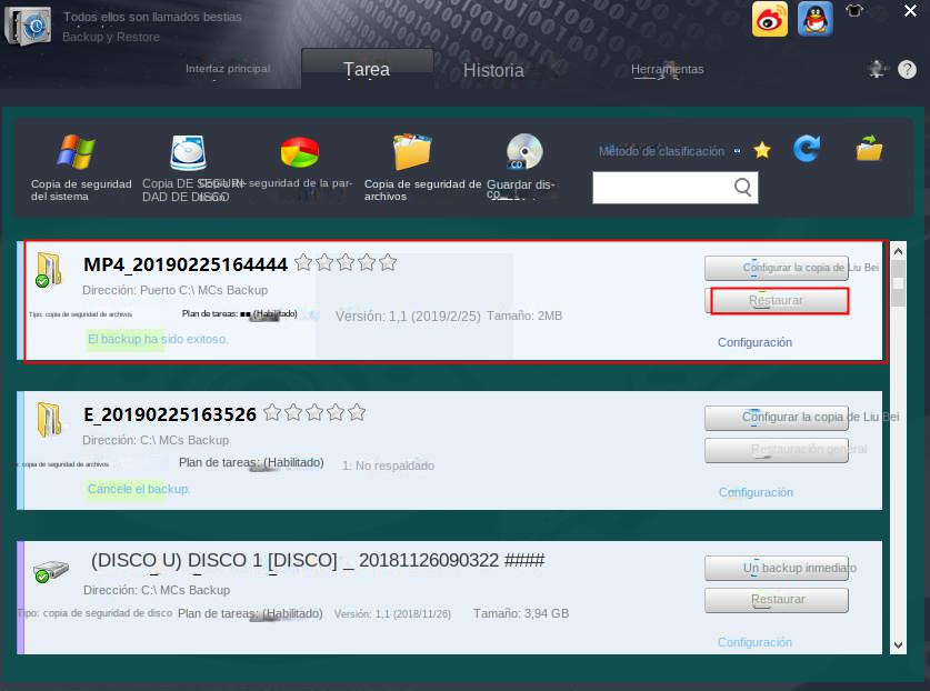 Verifique la lista de tareas de copia de seguridad y haga clic en Restaurar