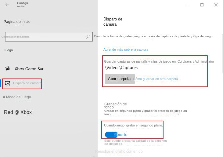 Encienda el interruptor de grabación de fondo