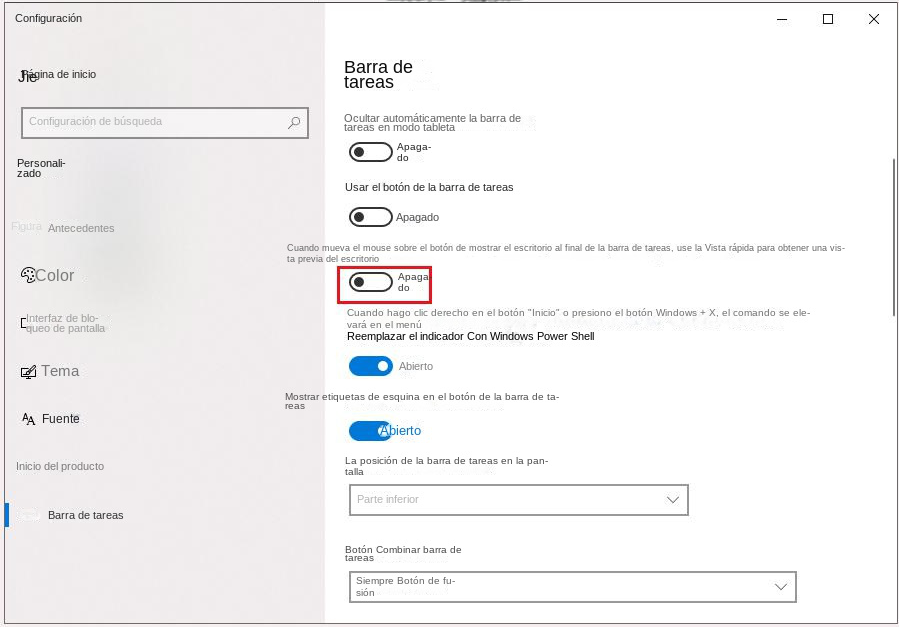 Desactivar la opción de vista previa de escritorio