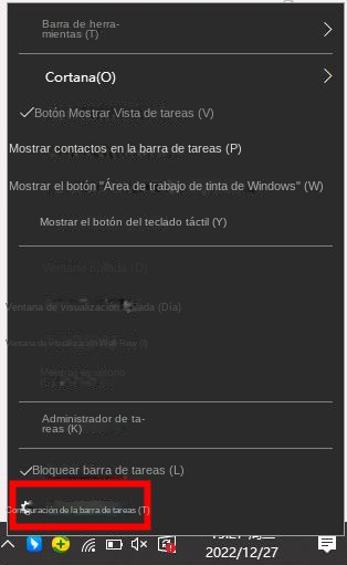 Haga clic en la configuración de la barra de tareas