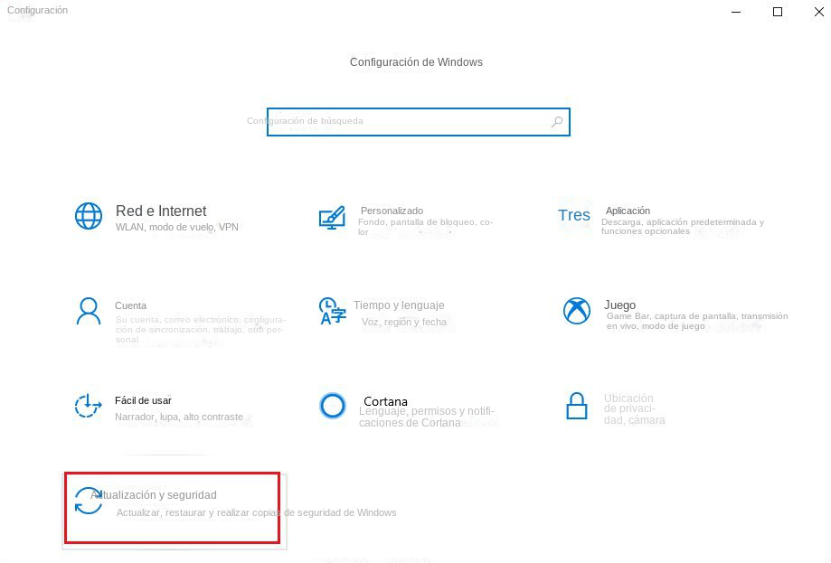 Seleccione Opciones de actualización y seguridad