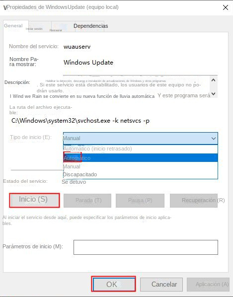Establecer tipo de inicio