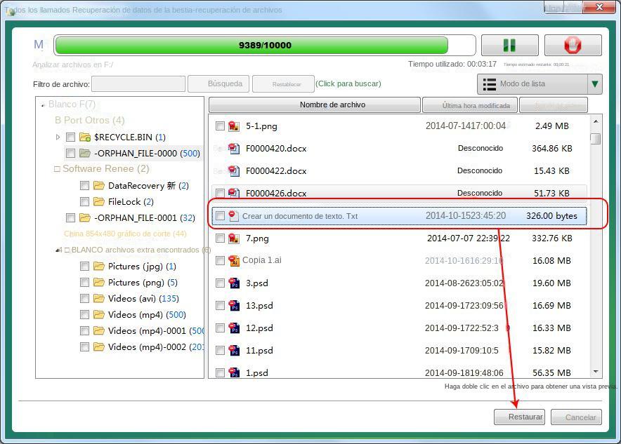 Seleccionar archivos para restaurar