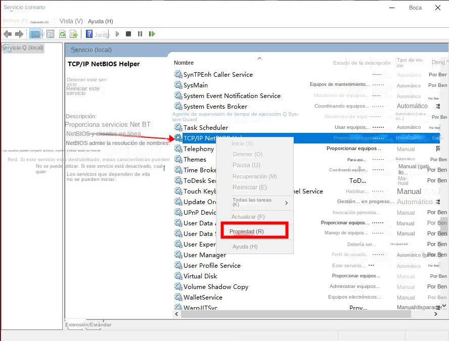 Seleccione el servicio TCP/IP NetBIOS Helper
