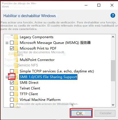 Marque la opción Soporte para compartir archivos SMB 1.0/CIFS