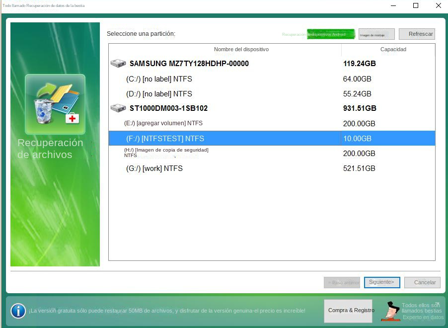 Seleccione el dispositivo de destino para la recuperación de archivos