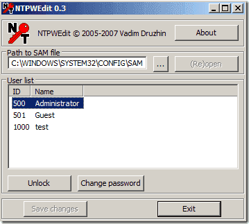 NTPWEdit para restablecer la contraseña de Windows