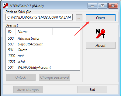 NTPWEdit seleccione la partición de Windows