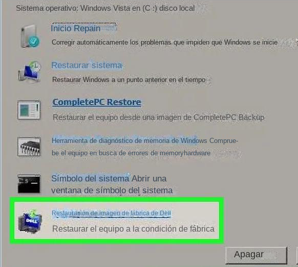 seleccione Recuperación de imágenes de fábrica de Dell