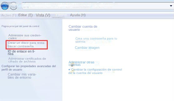 Windows 7 Crear disco de restablecimiento de contraseña Opción