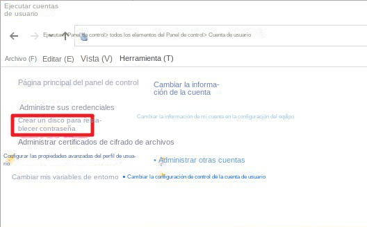 Windows 10 Opción de Crear Disco de Restablecimiento de Contraseña
