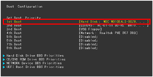 NO_TRANS:cambiar el orden de arranque en disco duro en configuración de arranque en BIOS
