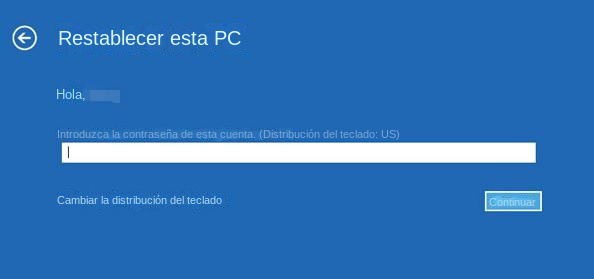 windows 10 restablecimiento de fábrica requiere contraseña de la cuenta