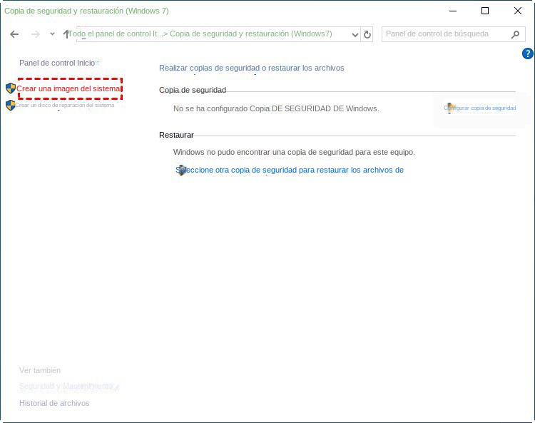 crear una imagen del sistema en Windows