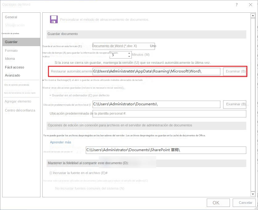 configuración de la carpeta de guardado automático de word