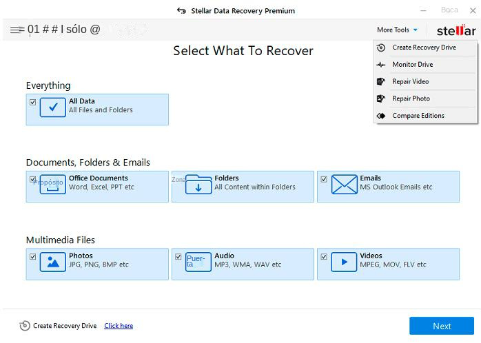 Interfaz del software Stellar Data Recovery Premium