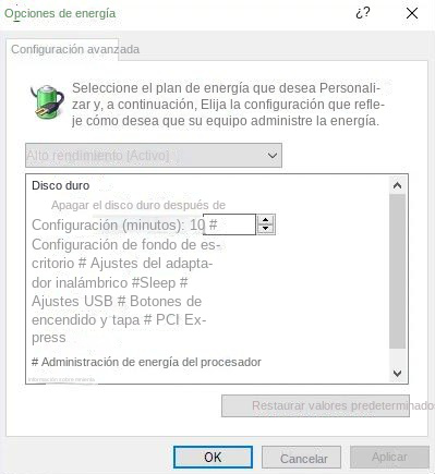 opciones de energía en Windows