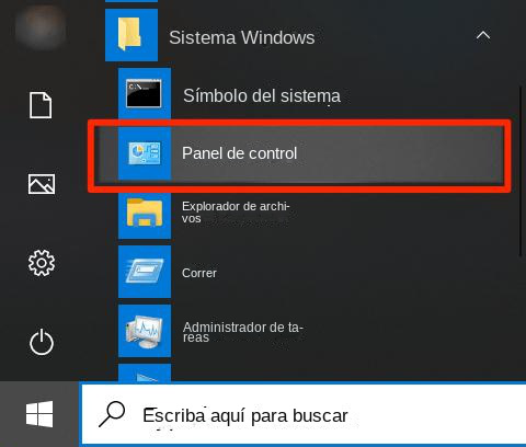 Abrir el panel de control en Windows 10