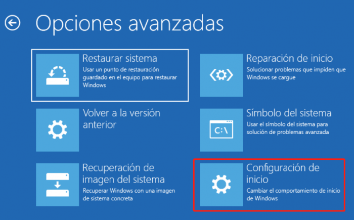 seleccionar Configuración de inicio