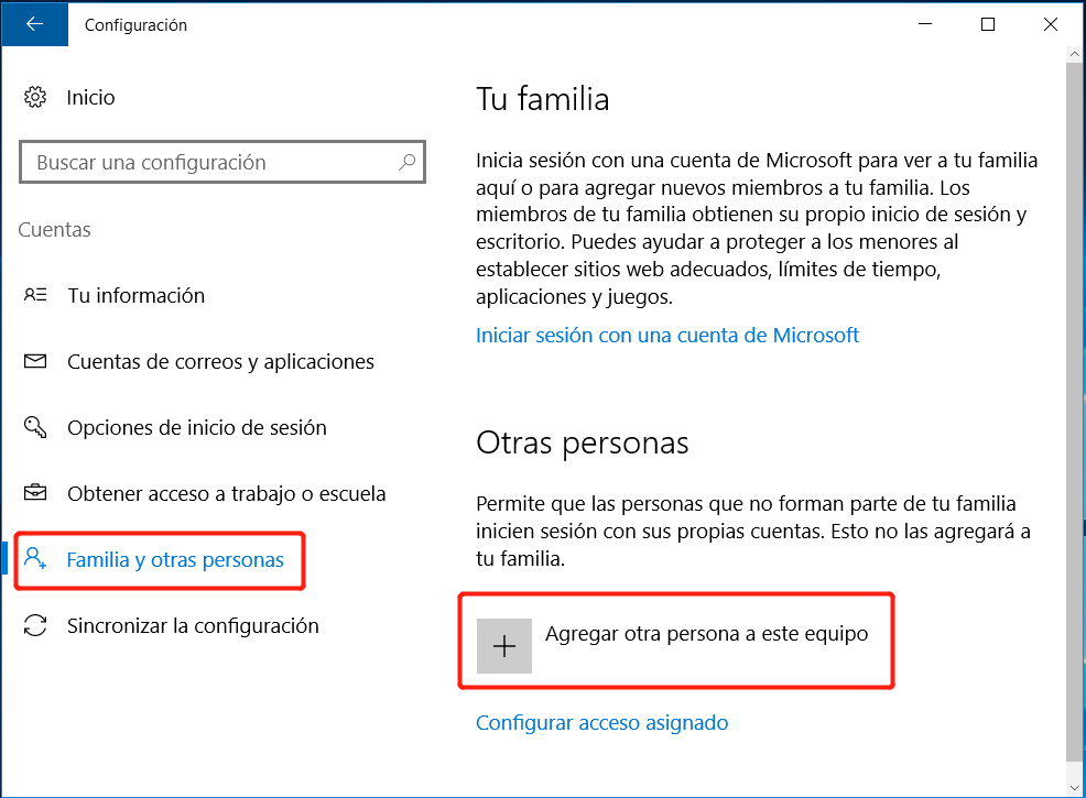 Agregar a otra persona a este PC en Windows