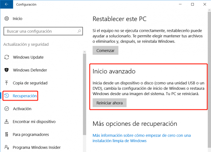 seleccionar Reiniciar ahora en Inicio avanzado