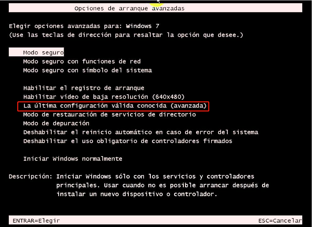 Última configuración correcta 