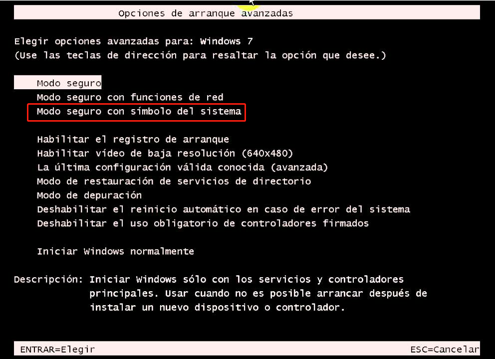  haga clic en Modo seguro con el símbolo del sistema 
