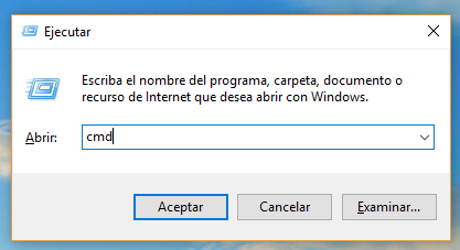 escriba cmd en el diálogo de ejecución